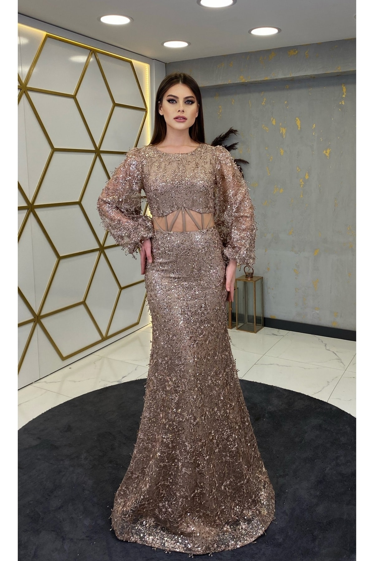 Waist TransparentBelted V-Neck Sena Evening Dress Fuchsia