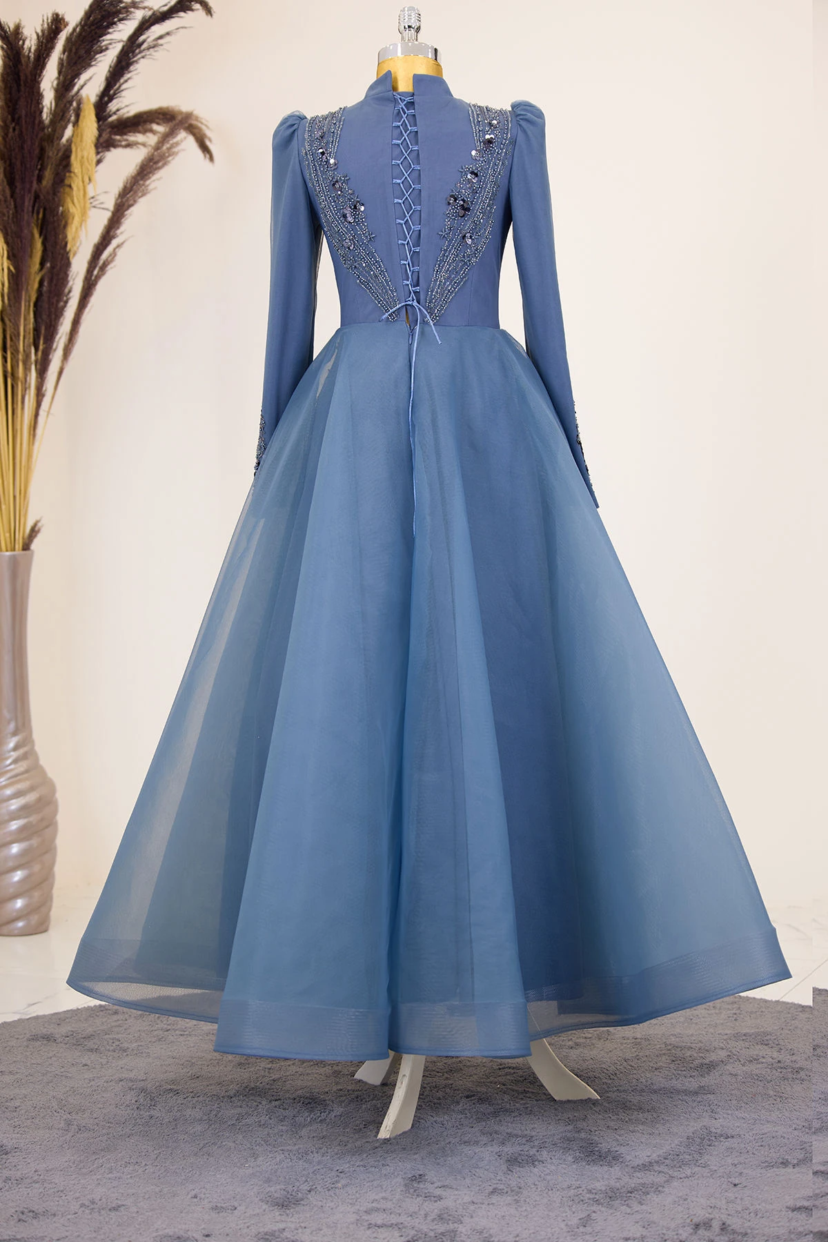 Önü Drapeli Aplik İşlemeli Asya  Abiye - i̇ndigo