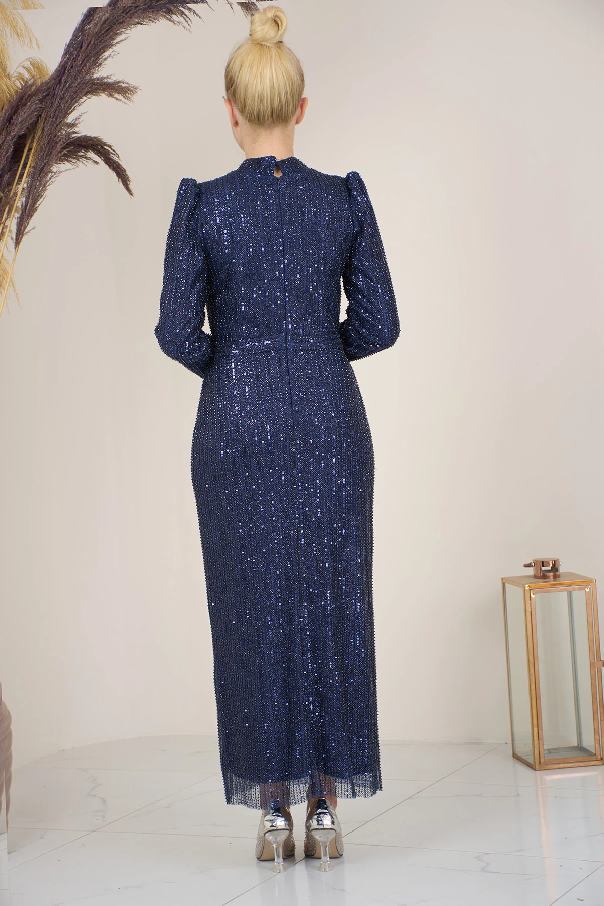 Tül Boncuk İşlemeli Bilek Boy  Asel Abiye - lacivert