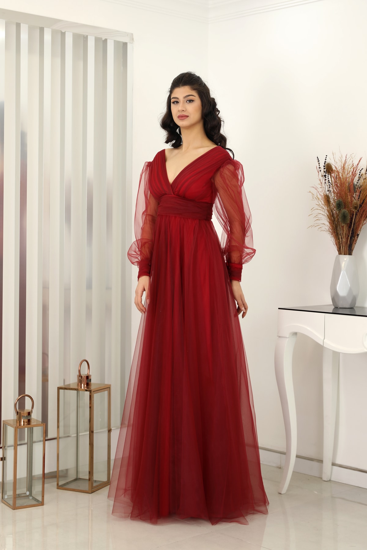 V-Neck Zeren Tulle Evening Dress Burgundy