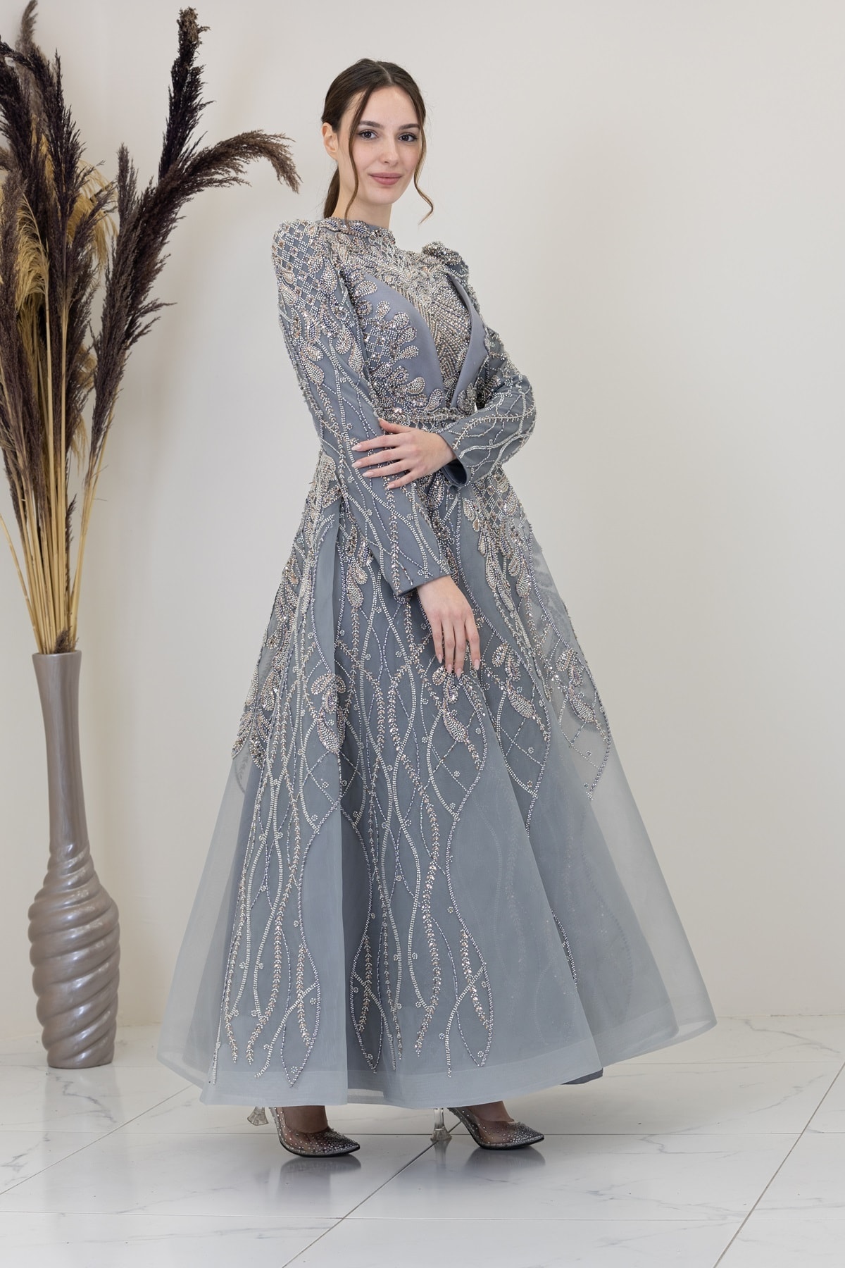 Applique Embroidered Leaf Evening Dress