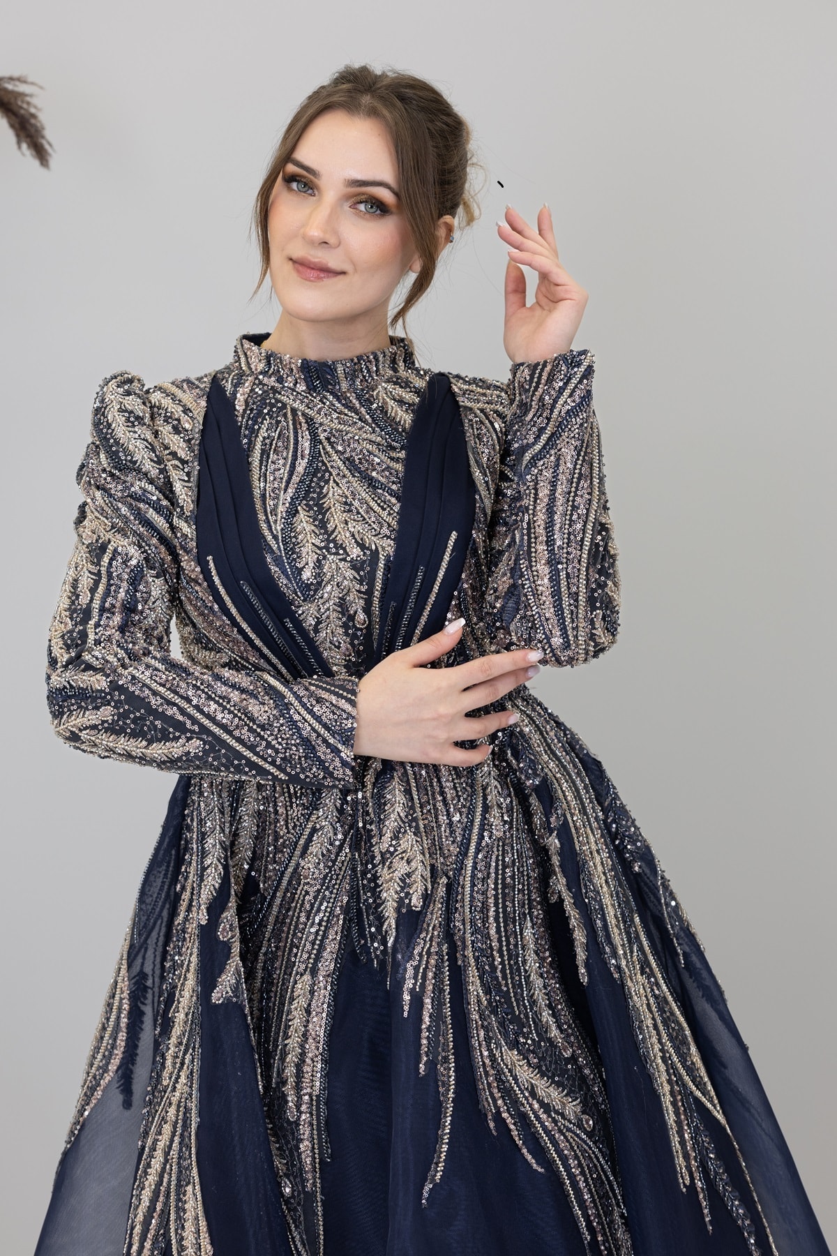 Kübra Evening Dress with Draped Front and Applique Embroidery