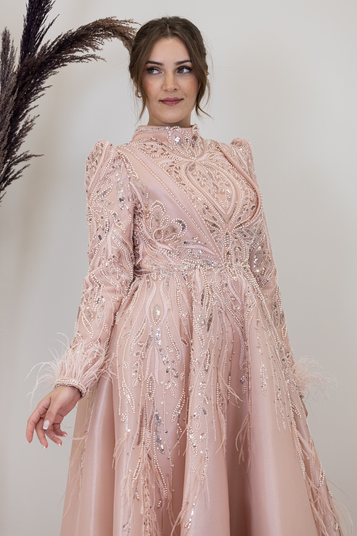 Önü Drapeli Aplik İşlemeli Katre Abiye - pembe