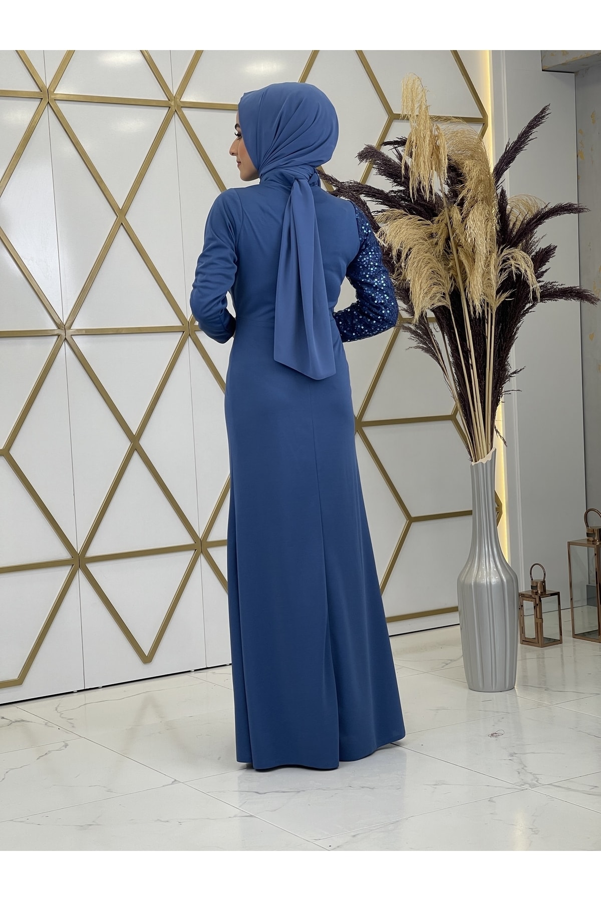 Paisley Sequined Açelya Hijab Evening Dress Indigo