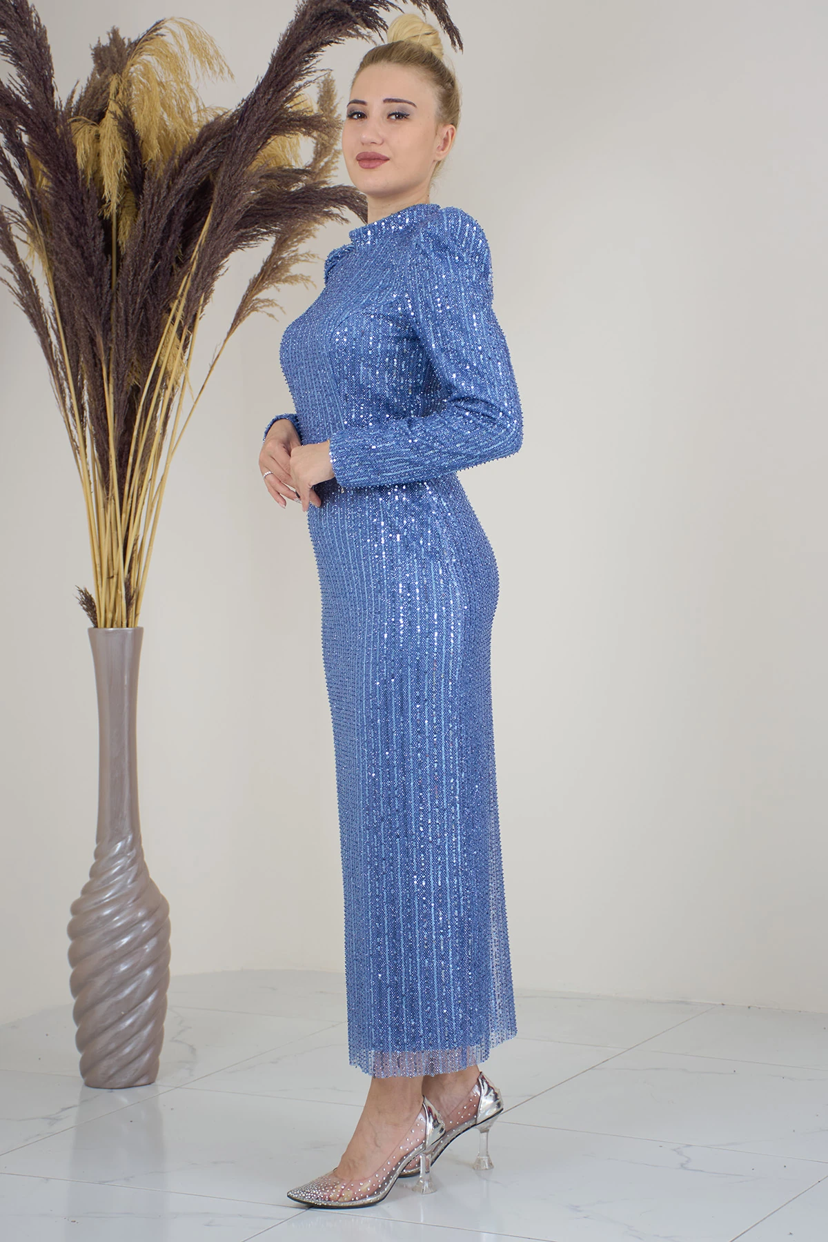 Tül Boncuk İşlemeli Bilek Boy  Asel Abiye - indigo