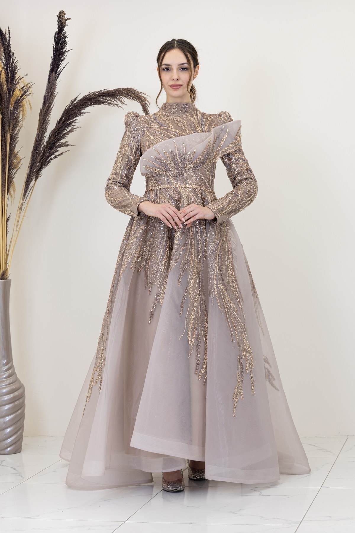 Yaren Evening Dress with Stone Front and Draped