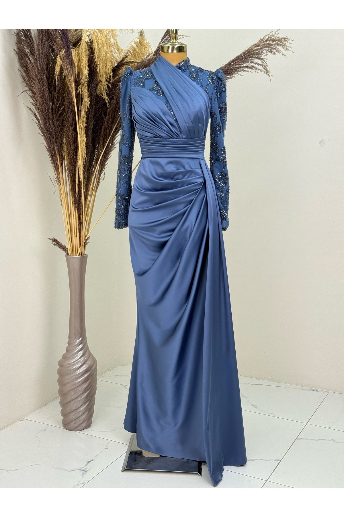 Asude Evening Dress with Draped Front and Tail and Bead Embroidery
