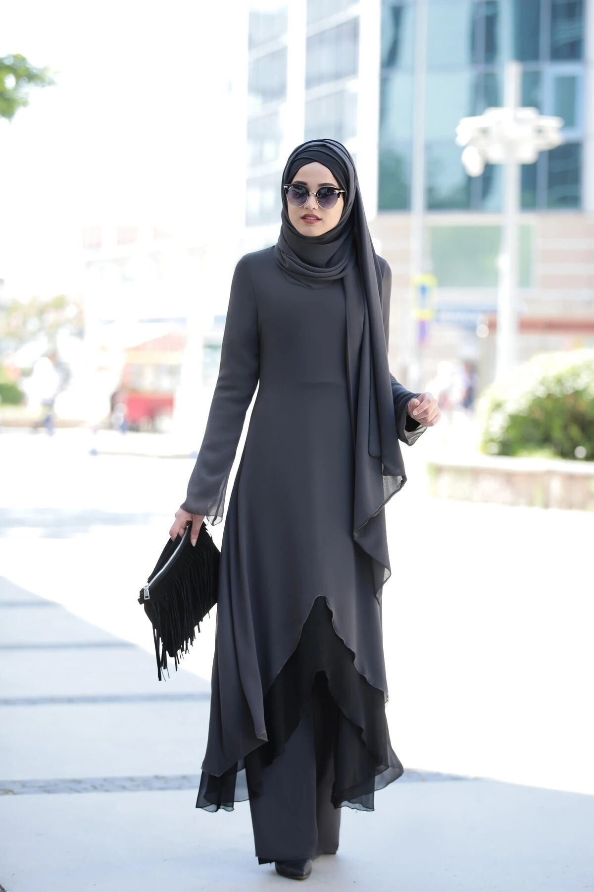 Tül Boncuk İşlemeli Bilek Boy  Asel Abiye - gri