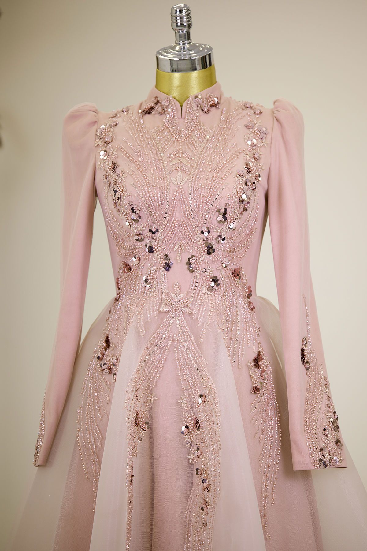 Önü Drapeli Aplik İşlemeli Asya  Abiye - somon