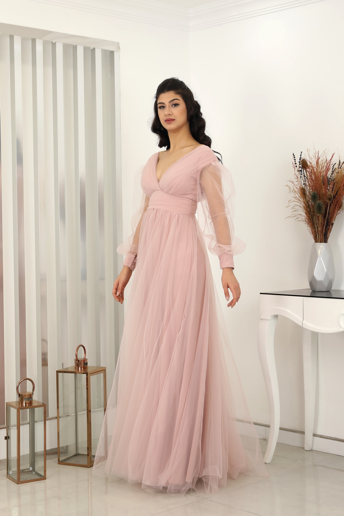 V Yaka Zeren Tül Abiye Bordo - pudra pembe