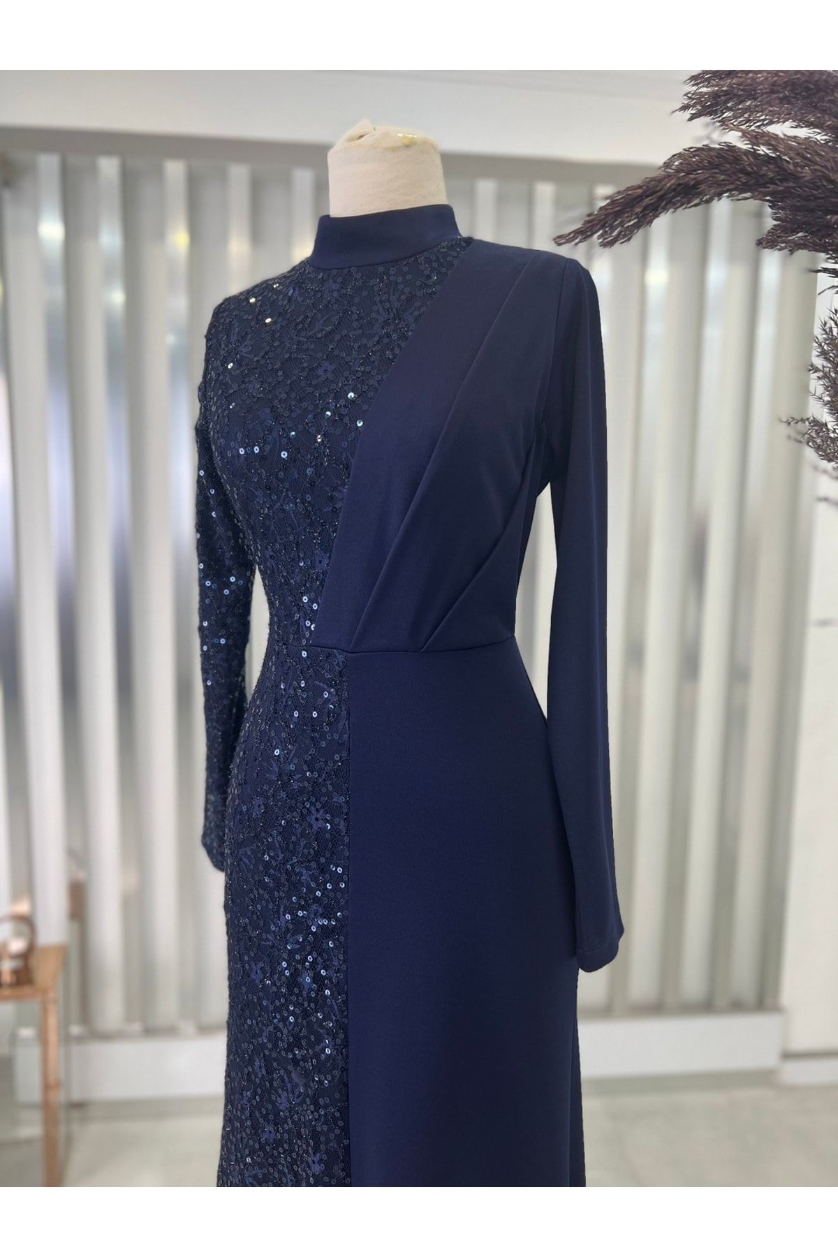 Payetli Açelya Hijab Evening Dress Navy Blue