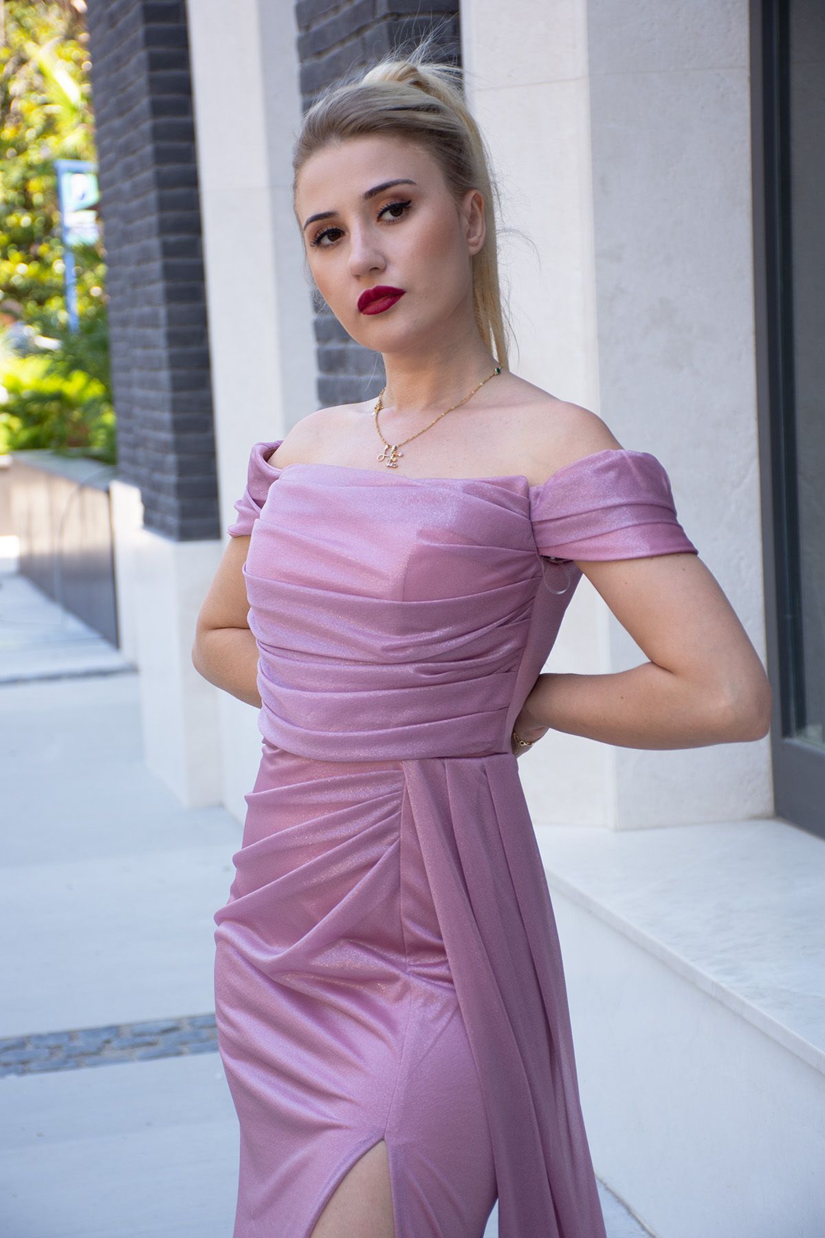 Alina Evening Dress with Draped Front and Side Slit