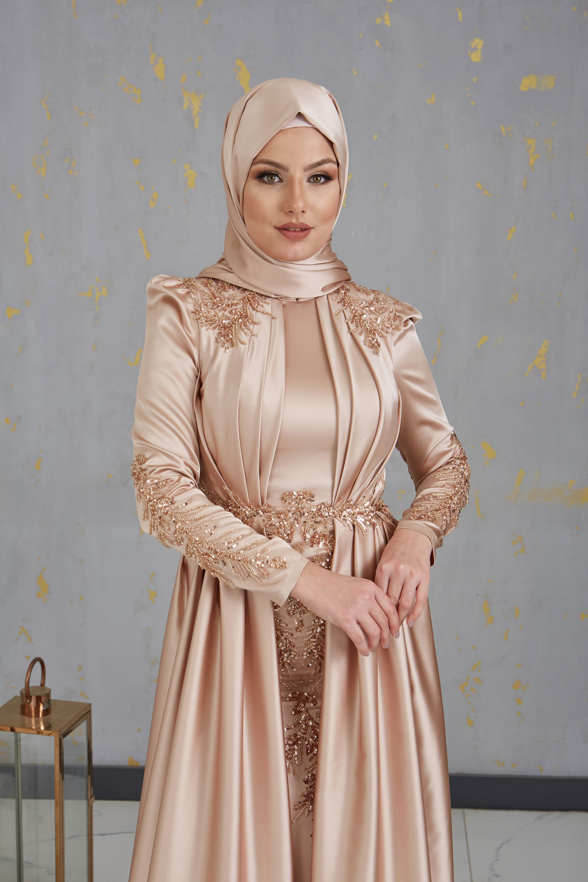 Karaca Hijab Evening Dress with Draped Front and Applique Gold