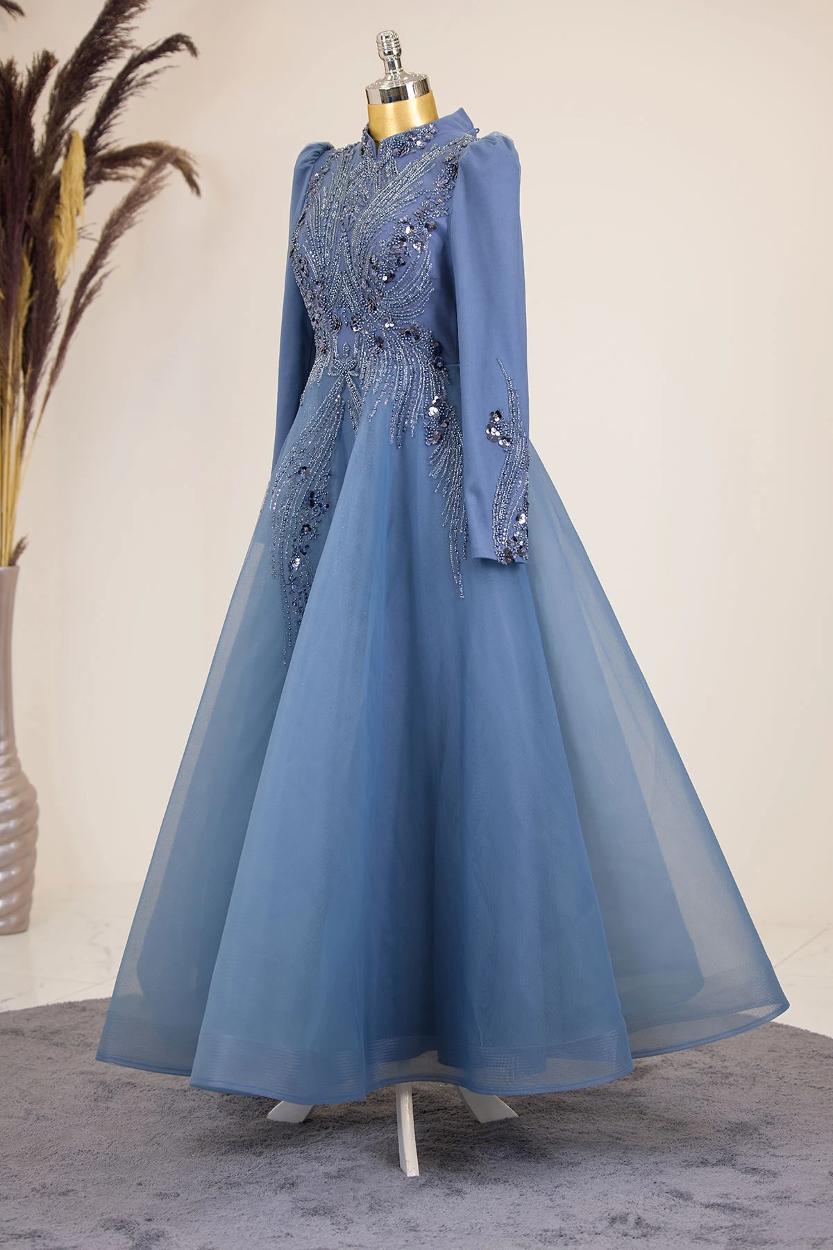 Önü Drapeli Aplik İşlemeli Asya  Abiye - i̇ndigo