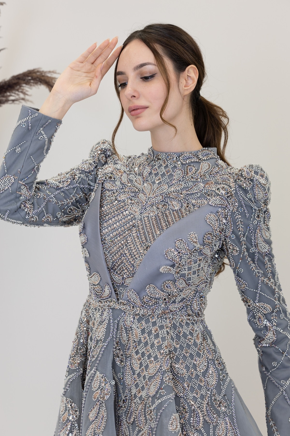 Applique Embroidered Leaf Evening Dress
