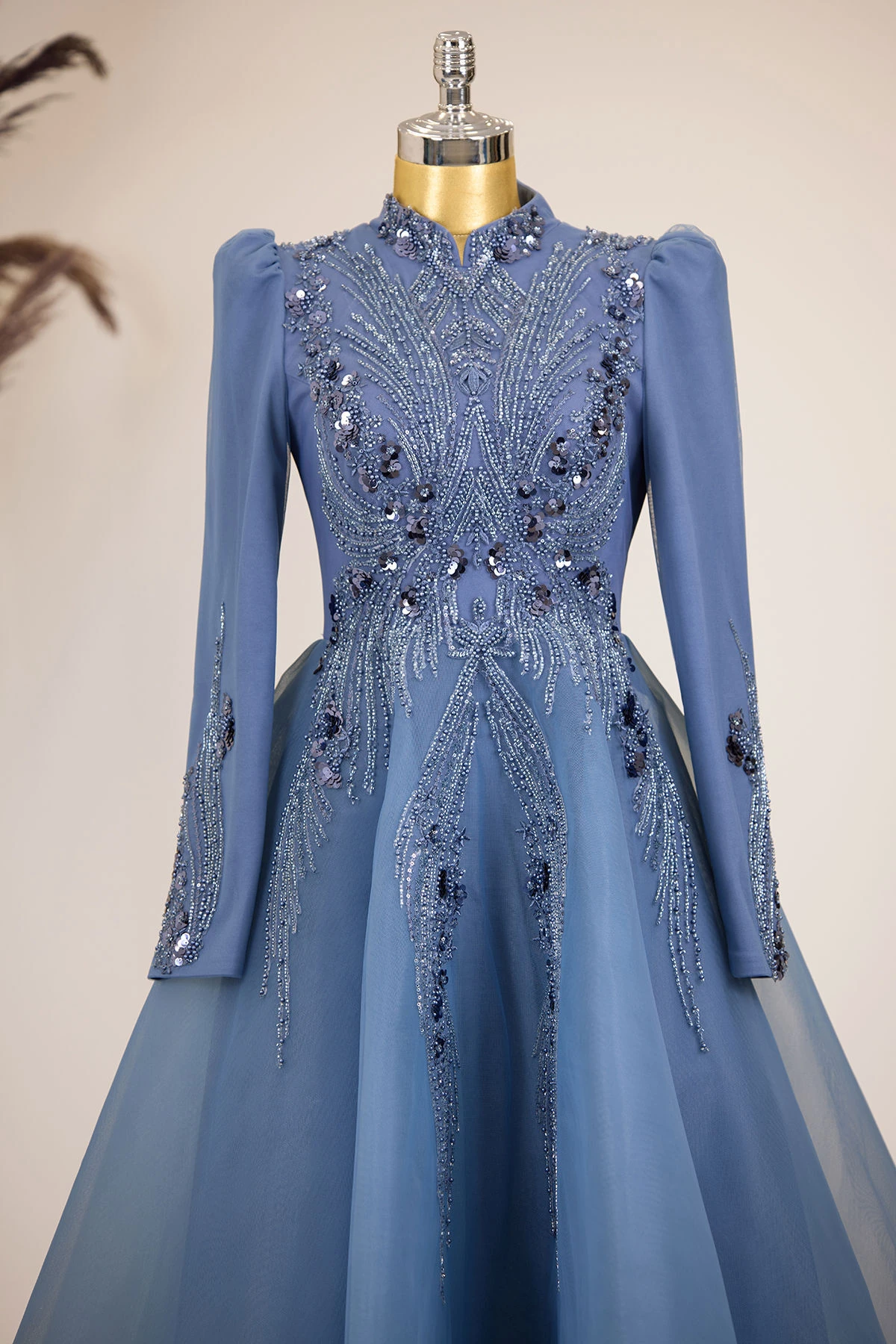 Önü Drapeli Aplik İşlemeli Asya  Abiye - i̇ndigo