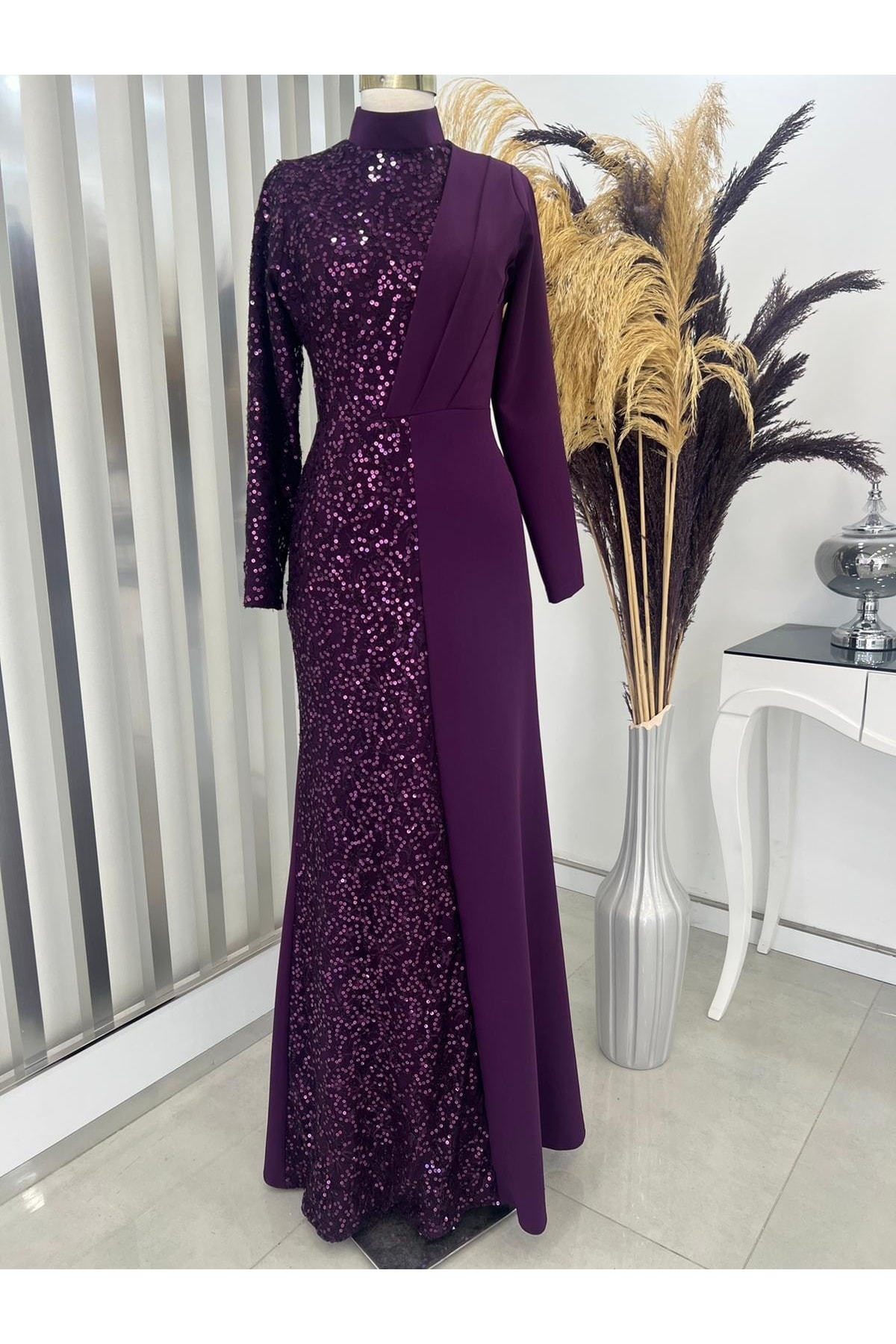 Payetli Açelya Hijab Evening Dress Plum
