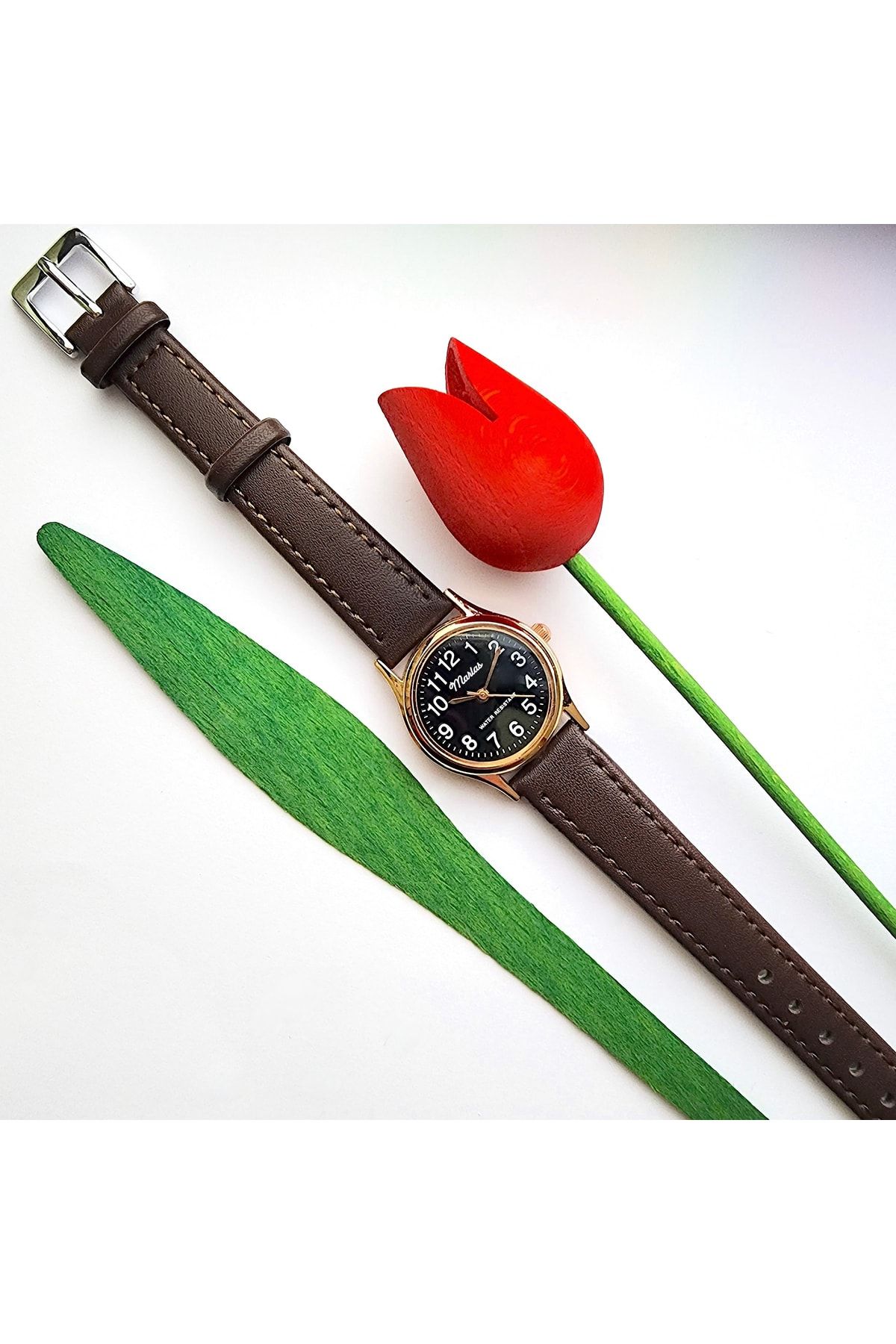 Retro Kayışlı Kadın Kol Saati, Vintage Tasarım, Klasik Tasarım, Rose Gold, Koyu Kahve Kordon