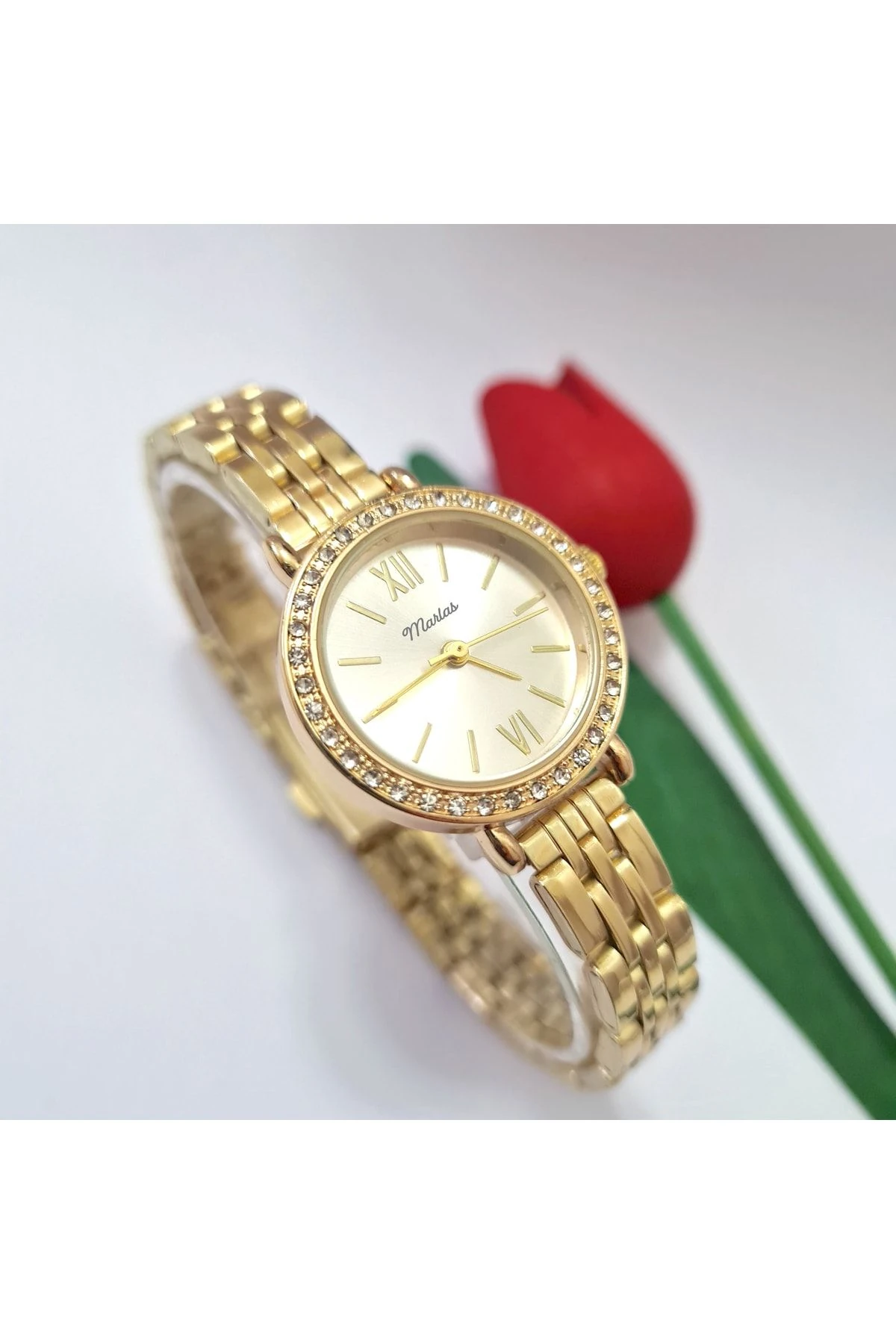 Minimal, Yuvarlak Taşlı, Beyaz Kadranlı, Çelik Kordonlu Kadın Kol Saati