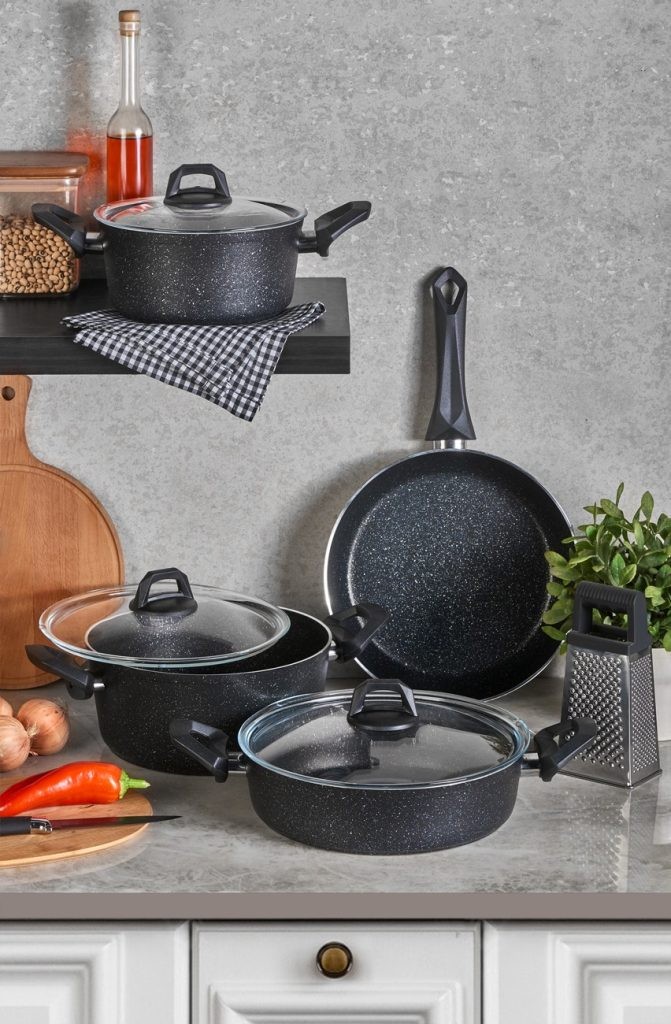 COOK&JOY GRANİT BLACK 7 PRÇ. GRANİT TENCERE SETİ