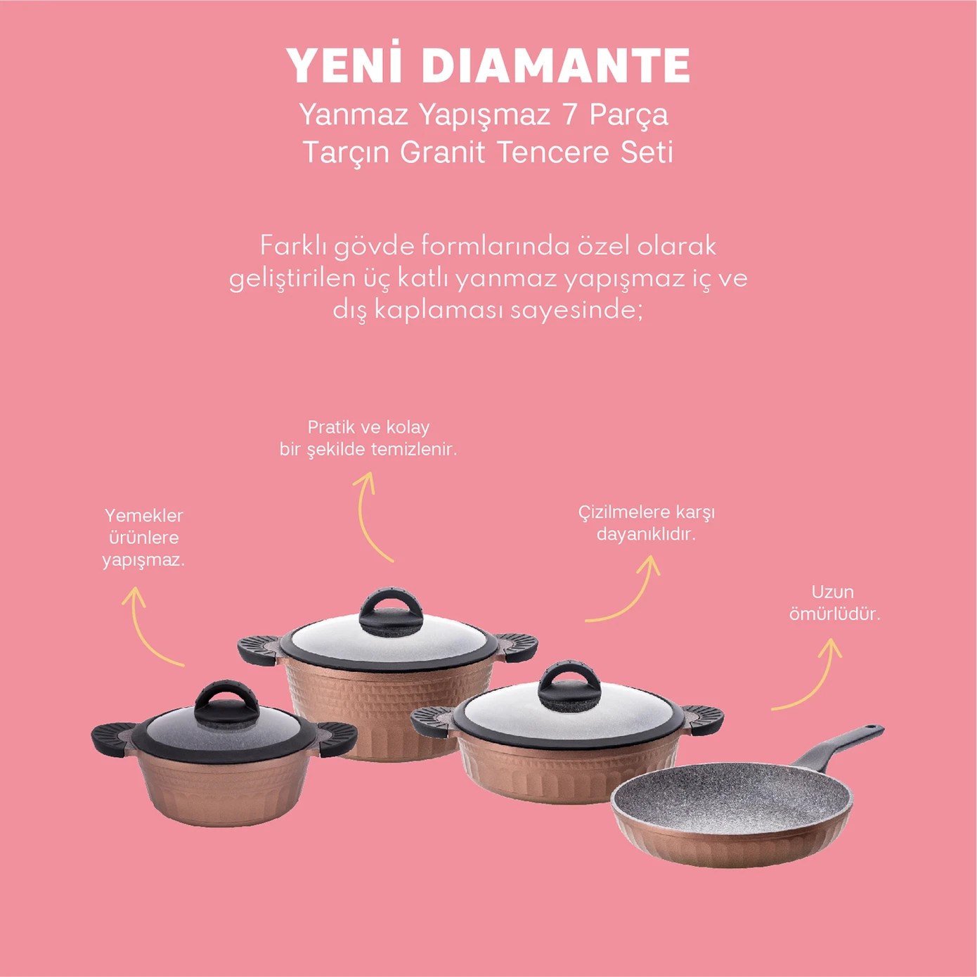 Emsan Yeni Diamante 7 Parça Granit Tencere Seti Tarçın