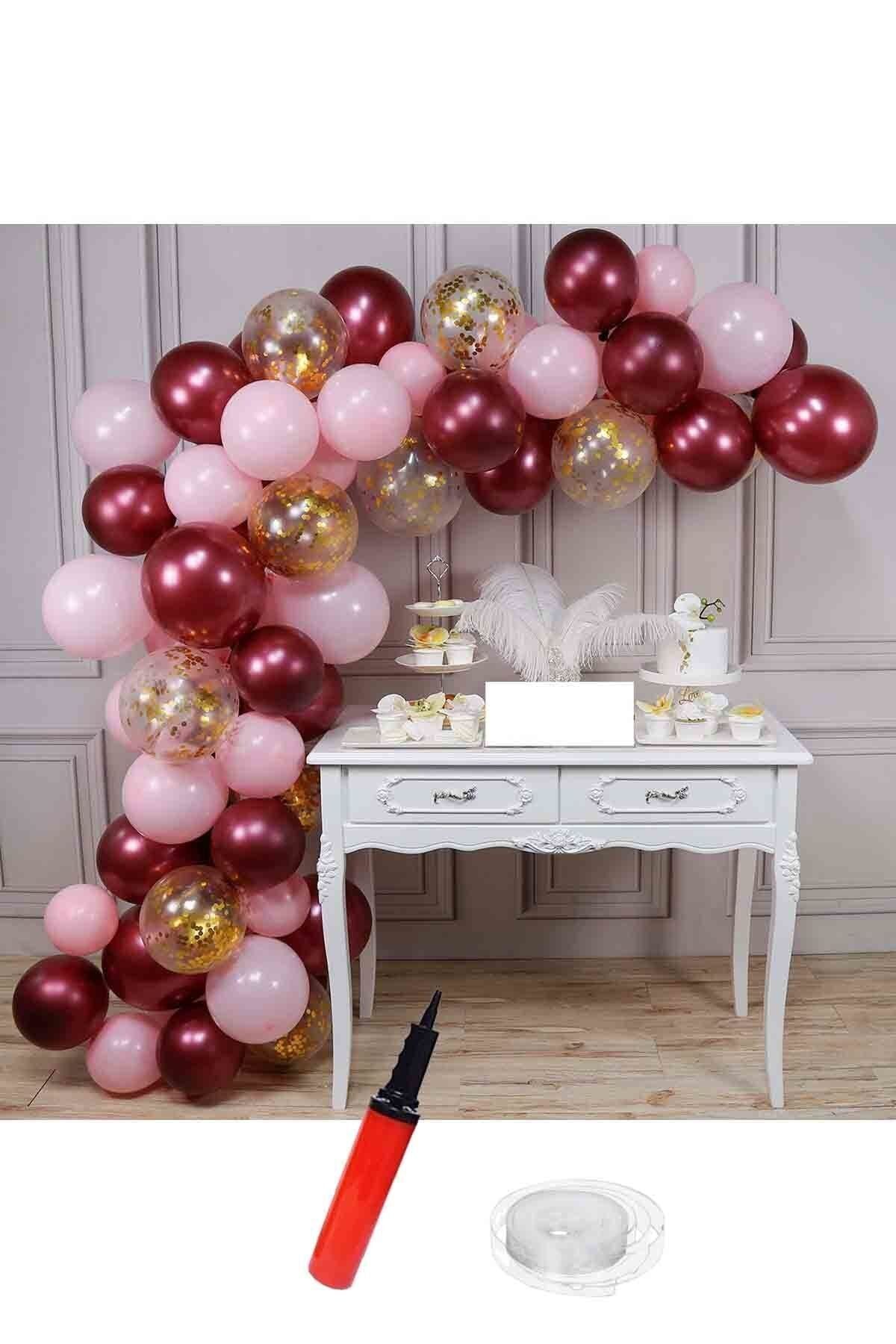Pembe-bordo-altın Konfetili Şeffaf Doğum Günü Balon Zinciri Balon Pompası