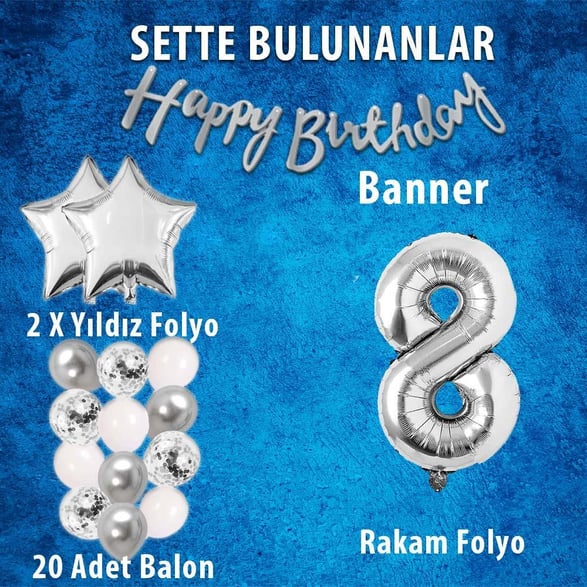 Gümüş Konsept 8 Yaş Doğum Günü Kutlama Seti Beyaz Gümüş Konfetili Balon Rakam Yıldız Folyo ve Banner