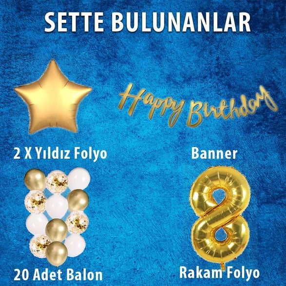 Gold Konsept 8 Yaş Doğum Günü Kutlama Seti; Beyaz Gold Konfetili Balon, Rakam Yıldız Folyo ve Banner