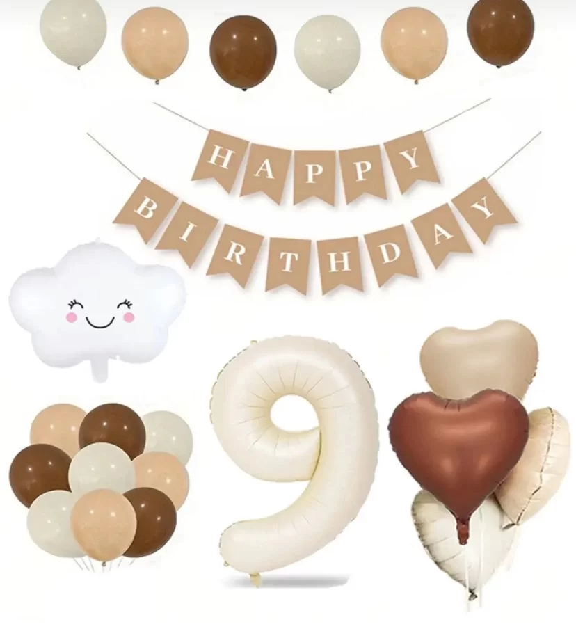 9 YAŞ Retro Doğum Günü Seti; Krem Rakam Folyo, Banner, Kalp Folyo ve Lateks Balon