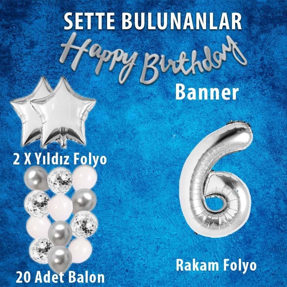 Gümüş Konsept 6 Yaş Doğum Günü Kutlama Seti Beyaz Gümüş Konfetili Balon Rakam Yıldız Folyo ve Banner
