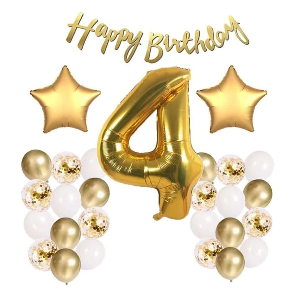 Favorilere Ekle Gold Konsept 4 Yaş Doğum Günü Kutlama Seti; Beyaz Gold Konfetili Balon, Rakam Yıldız Folyo ve Banner