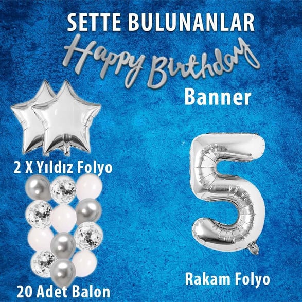 Gümüş Konsept 5 Yaş Doğum Günü Kutlama Seti Beyaz Gümüş Konfetili Balon Rakam Yıldız Folyo ve Banner