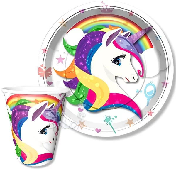 Tabak-Bardak Baskılı Unicorn Rainbow 8'li