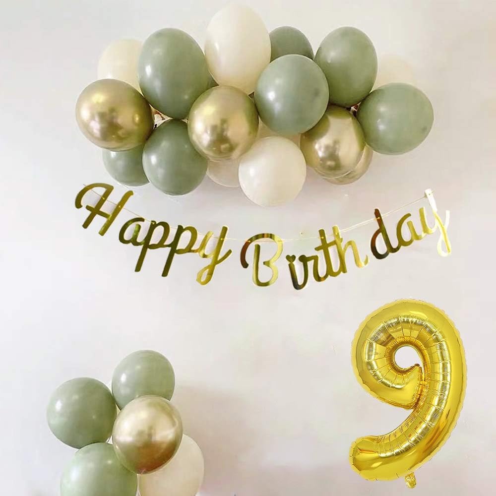9 Yaş Küf Yeşili, Deniz Kumu ve Krom Gold Balonlu Konsept Doğum Günü Seti