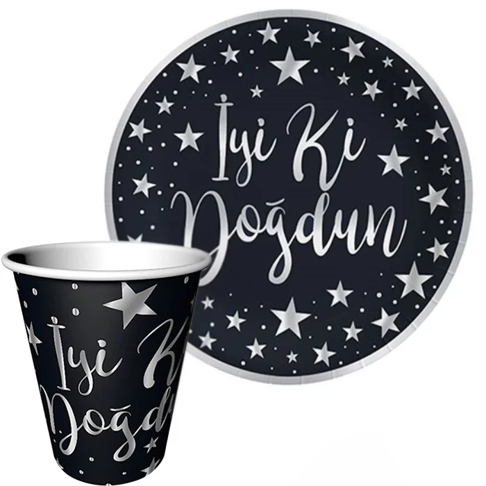 Tabak-Bardak Varaklı İyi Ki Doğdun Siyah-Gümüş 6'lı