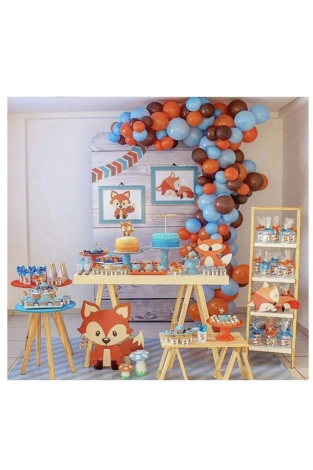 100 Adet Balon Kahverengi Mavi Turuncu Tilki Konsept Balon Zinciri