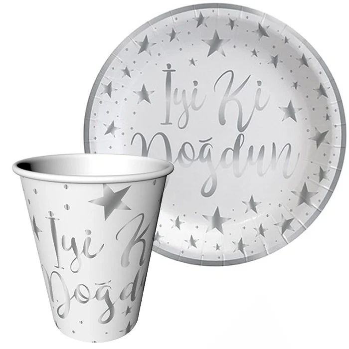 Tabak-Bardak Varaklı İyi Ki Doğdun Beyaz-Gümüş 6'lı