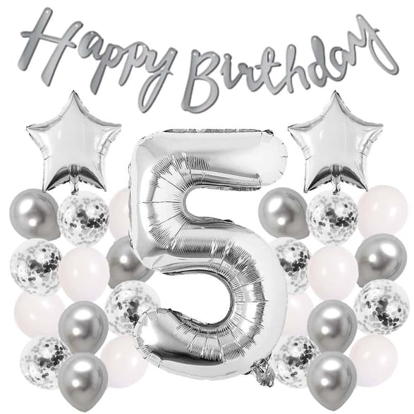 Gümüş Konsept 5 Yaş Doğum Günü Kutlama Seti Beyaz Gümüş Konfetili Balon Rakam Yıldız Folyo ve Banner