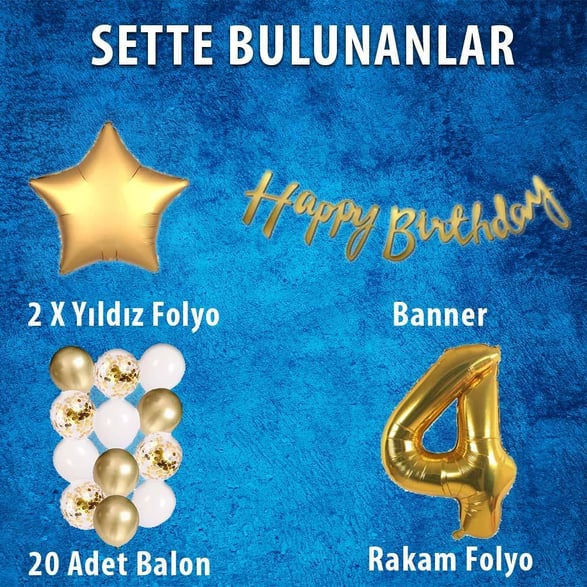 Favorilere Ekle Gold Konsept 4 Yaş Doğum Günü Kutlama Seti; Beyaz Gold Konfetili Balon, Rakam Yıldız Folyo ve Banner