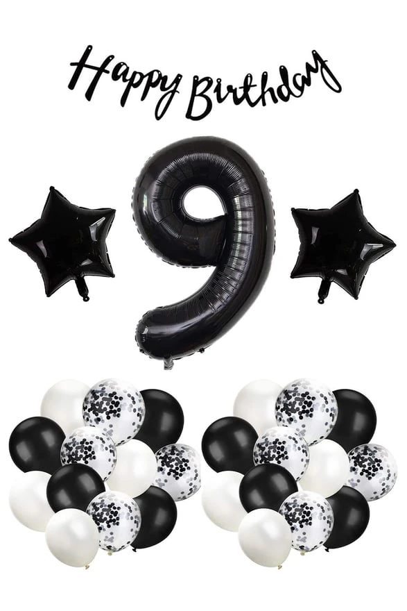 Siyah Konsept 9 Yaş Doğum Günü Kutlama Seti; Beyaz Siyah Konfetili Balon, Rakam Yıldız Folyo ve Banner