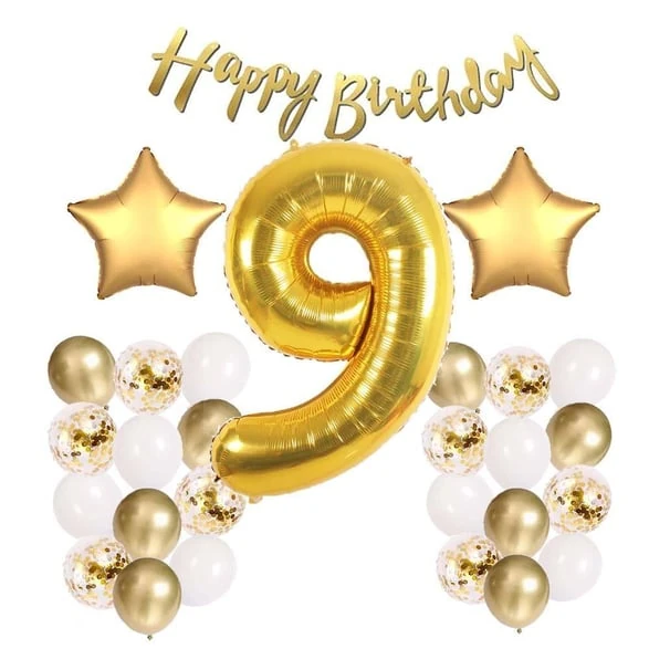 Gold Konsept 9 Yaş Doğum Günü Kutlama Seti; Beyaz Gold Konfetili Balon, Rakam Yıldız Folyo ve Banner