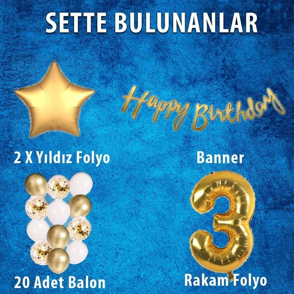 Gold Konsept 3 Yaş Doğum Günü Kutlama Seti; Beyaz Gold Konfetili Balon, Rakam Yıldız Folyo ve Banner