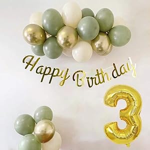 3 Yaş Küf Yeşili Deniz Kumu ve Krom Gold Balonlu Konsept Doğum Günü Seti