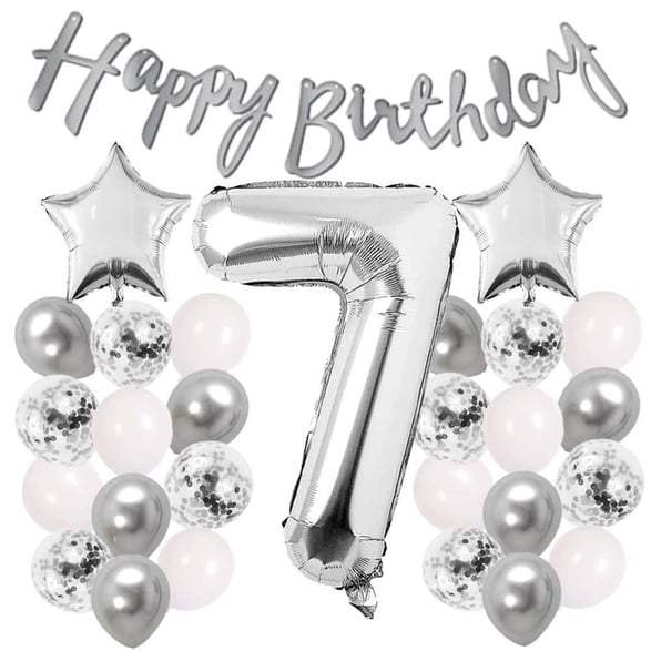 Gümüş Konsept 7 Yaş Doğum Günü Kutlama Seti Beyaz Gümüş Konfetili Balon Rakam Yıldız Folyo ve Banner