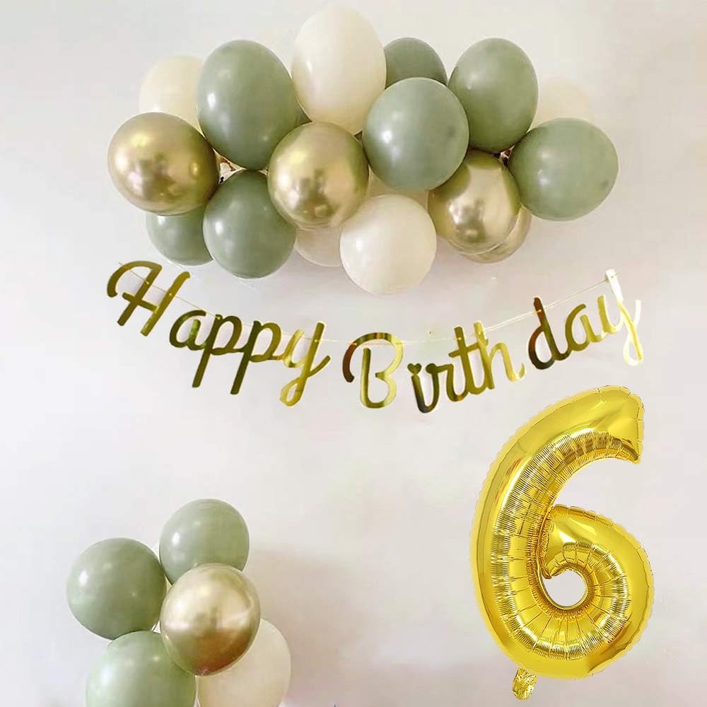 6 Yaş Küf Yeşili, Deniz Kumu ve Krom Gold Balonlu Konsept Doğum Günü Seti