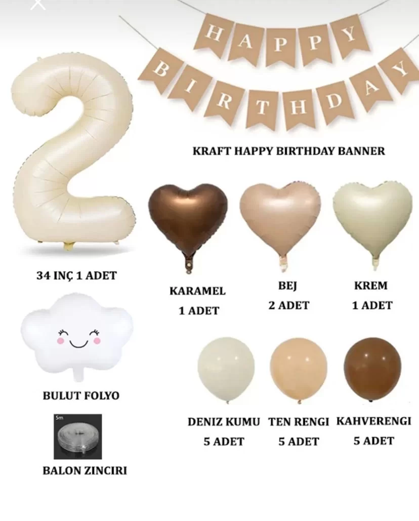 2 İki Yaş Retro Doğum Günü Seti; Krem Rakam Folyo, Banner, Kalp Folyo ve Lateks Balon