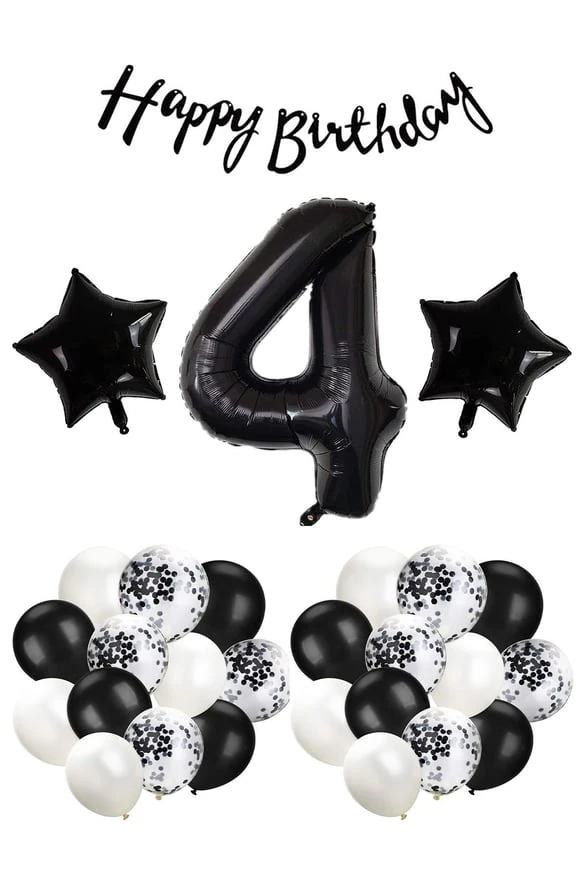 Siyah Konsept 4 Yaş Doğum Günü Kutlama Seti; Beyaz Siyah Konfetili Balon, Rakam Yıldız Folyo ve Banner