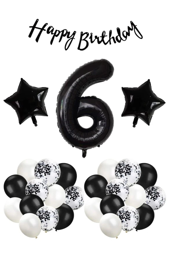 Siyah Konsept 6 Yaş Doğum Günü Kutlama Seti; Beyaz Siyah Konfetili Balon, Rakam Yıldız Folyo ve Banner