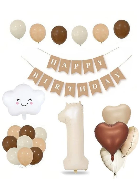 1 YAŞ Retro Doğum Günü Seti; Krem Rakam Folyo, Banner, Kalp Folyo ve Lateks Balon