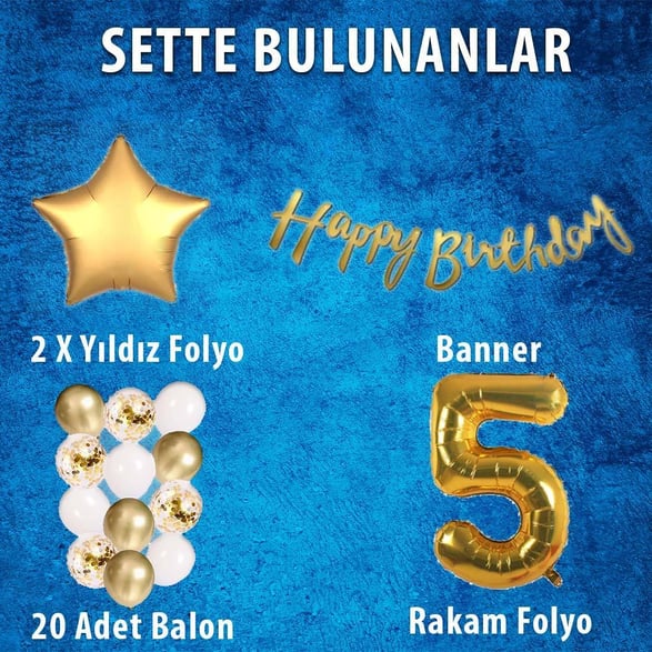 Gold Konsept 5 Yaş Doğum Günü Kutlama Seti; Beyaz Gold Konfetili Balon, Rakam Yıldız Folyo ve Banner